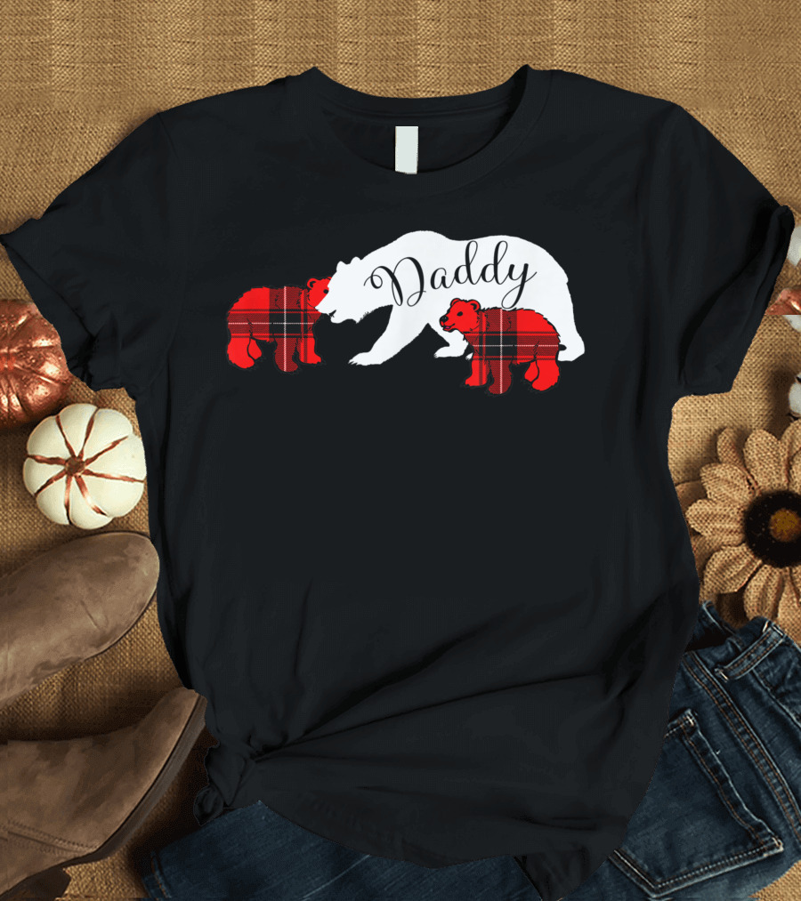 Daddy Bear with Two Red Plaid Cubs Christmas Father T-Shirt