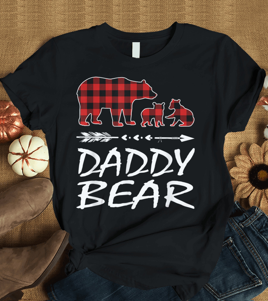 Daddy Bear Two Cubs Red Plaid Arrows T-Shirt