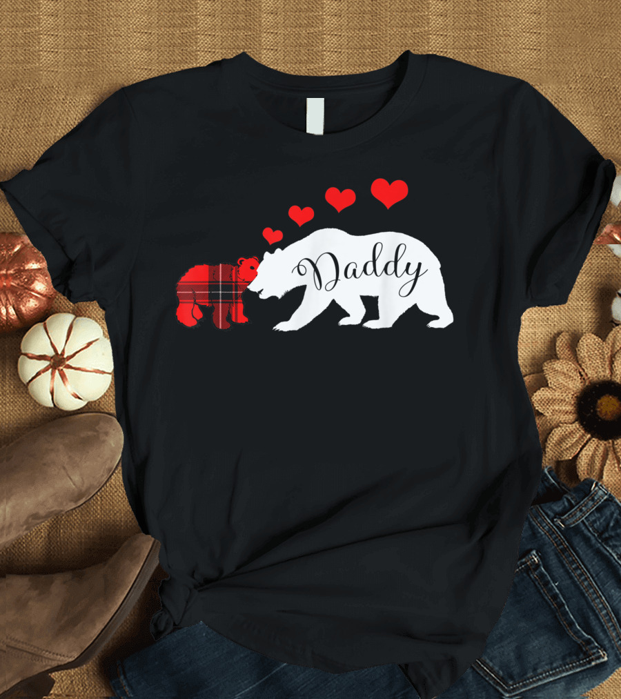 Daddy Bear Buffalo Plaid Cub Dad Valentines Day Hearts T-Shirt