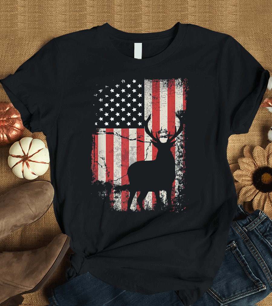 Deer Silhouette on American Flag Background T-Shirt