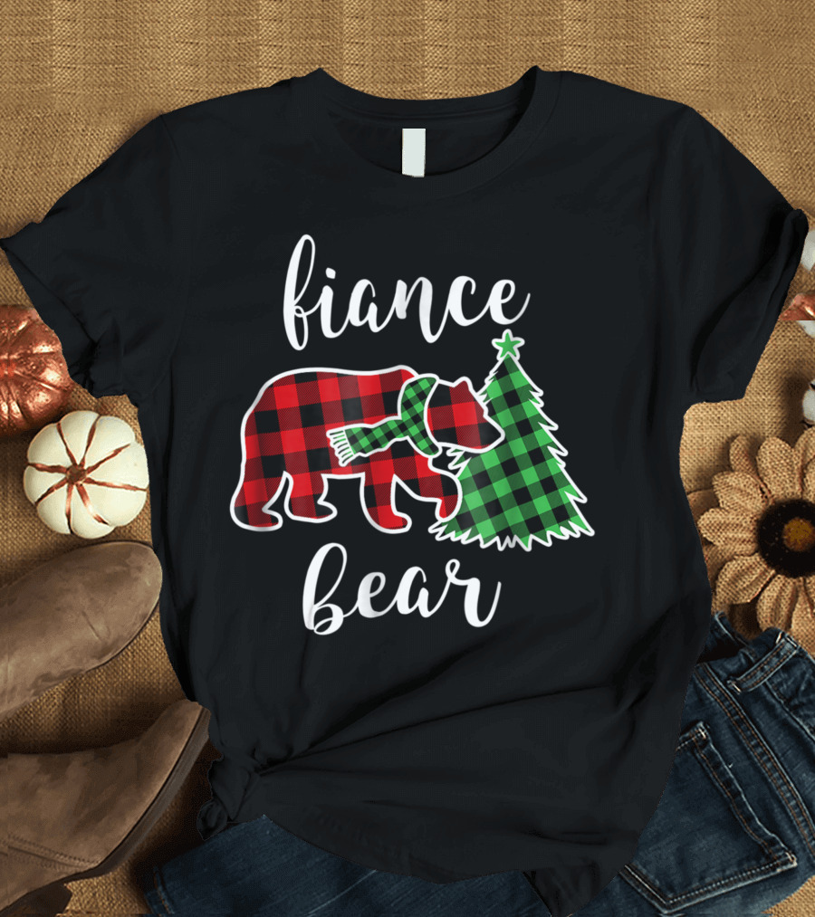Fiance Bear Red Plaid Tree Scarf Engaged Couple T-Shirt