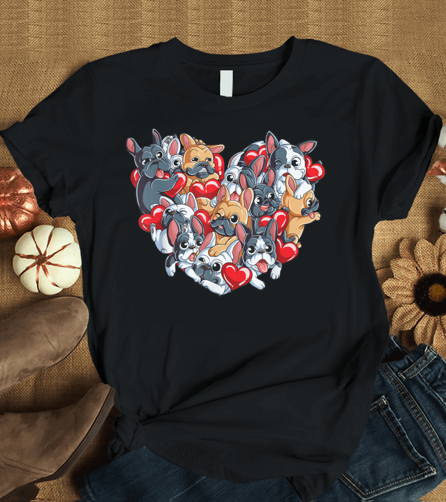 French Bulldog Heart Cute Valentines Day Pups T-Shirt