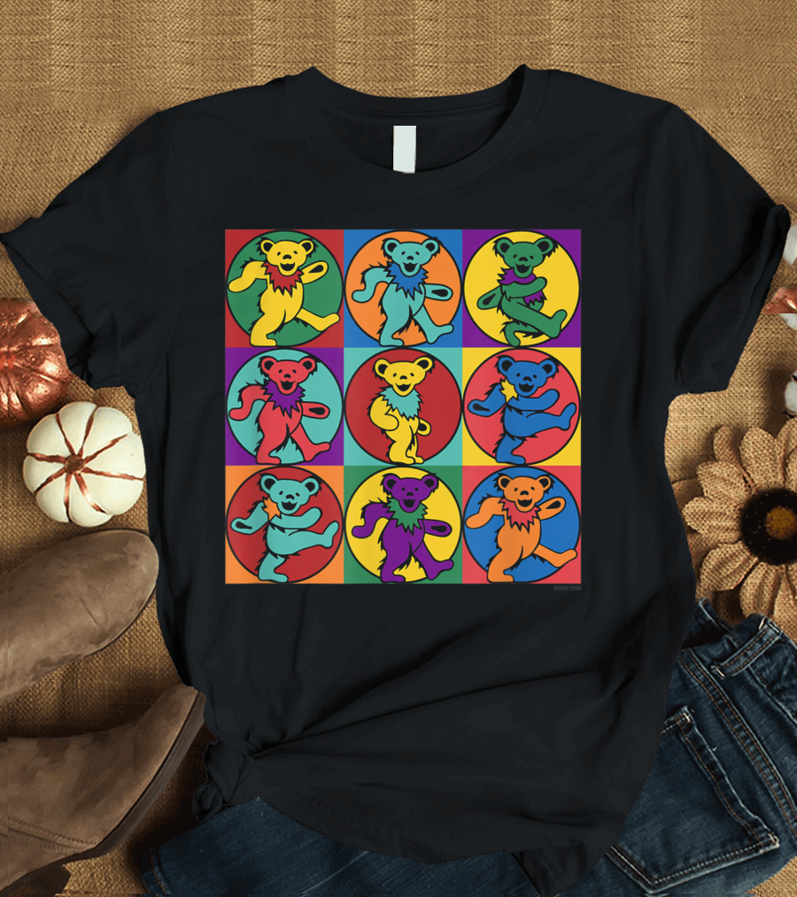 Gd Warhol Dancing Bears Not Fade Away Grateful Tortuga Nine Colorful Squares T-Shirt