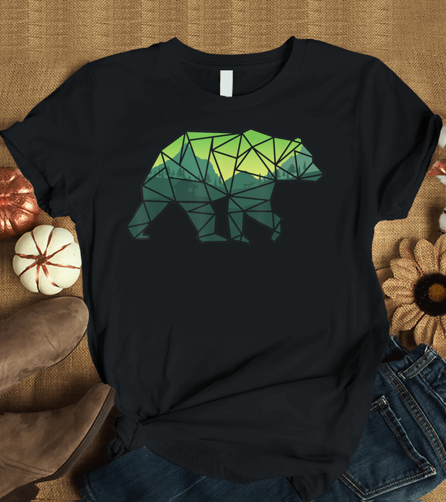 Geometric Bear with Green Mountain Landscape and Forest T-Shirt