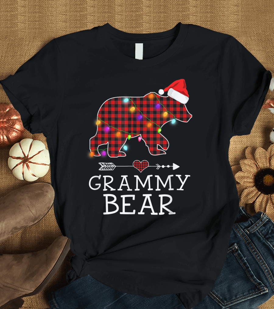 Grammy Bear Christmas Red Plaid Buffalo Family Santa Hat Lights T-Shirt