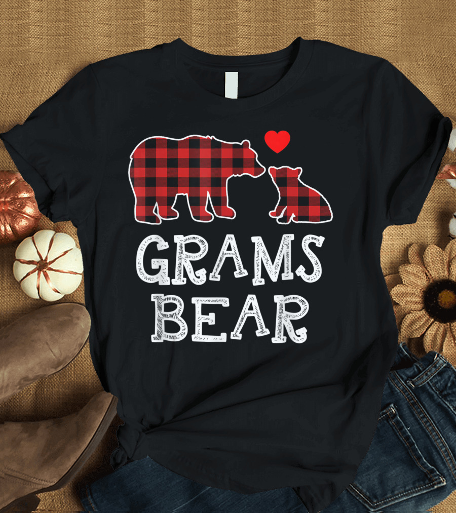 Grams Bear Christmas Red Plaid Buffalo Family Heart T-Shirt