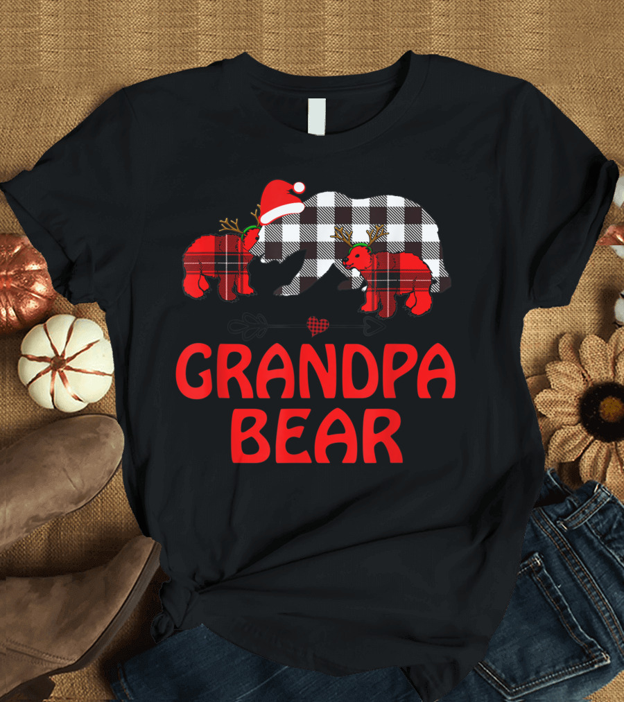 Grandpa Bear Red Plaid Buffalo with Two Cubs and Santa Hat Holiday T-Shirt