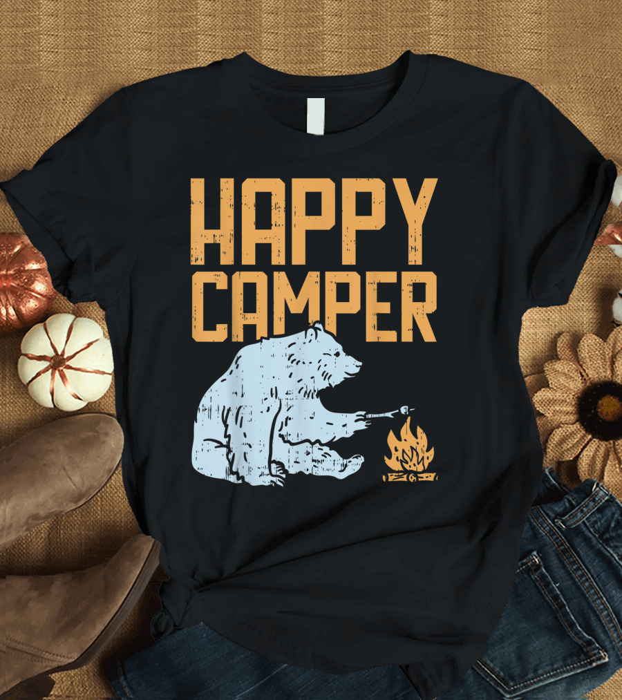 Happy Camper Bear with Marshmallow by Campfire T-Shirt