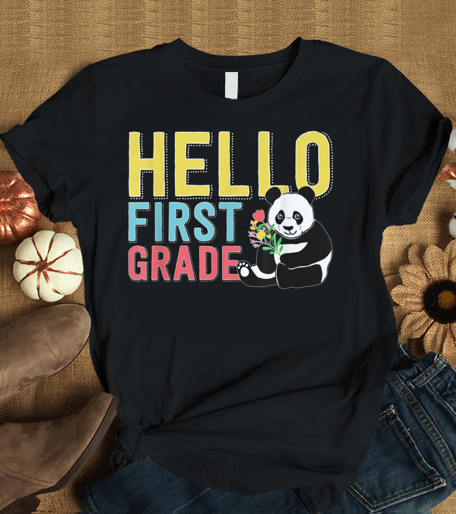 Hello First Grade Panda Bear Kids Teachers Back To School T-Shirt