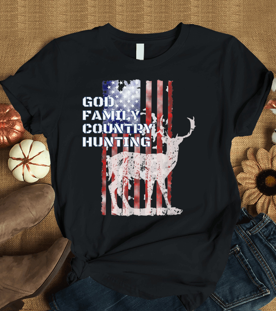 God Family Country Hunting Deer American Flag Patriotic T-Shirt