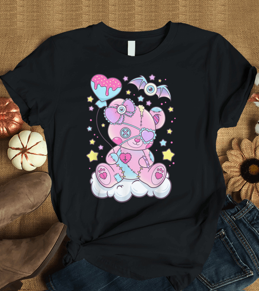 Kawaii Pastel Goth Cute Creepy Teddy Bear with Heart Balloon and Bat Stars T-Shirt