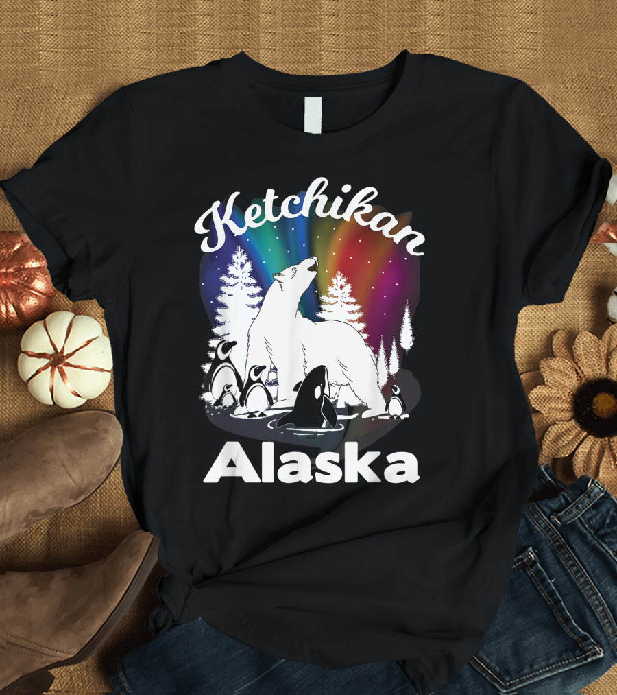 Ketchikan Alaska Aurora Borealis Polar Bear Orca and Penguins T-Shirt