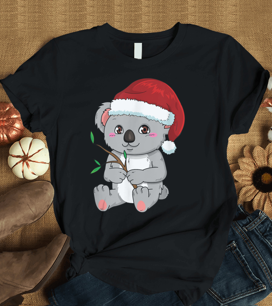 Cute Koala Bear in Christmas Hat with Branch T-Shirt