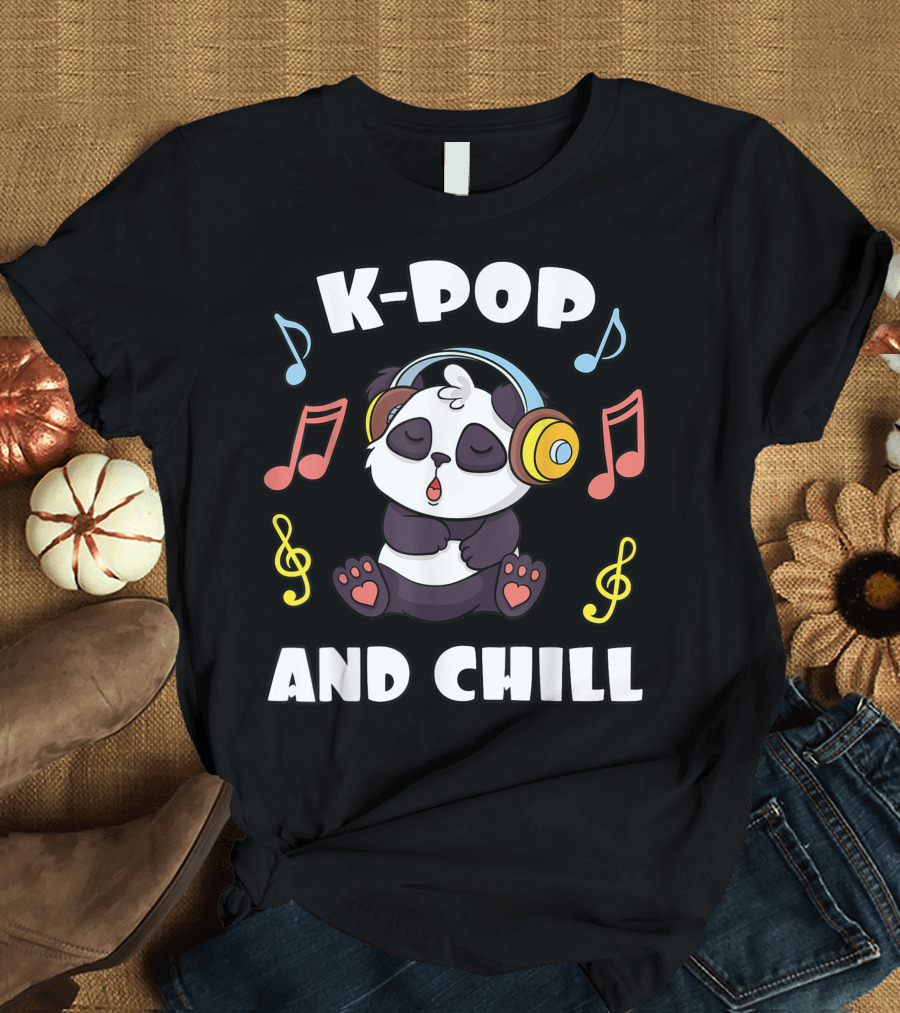 Kpop And Chill Panda Headphones Music Notes T-Shirt