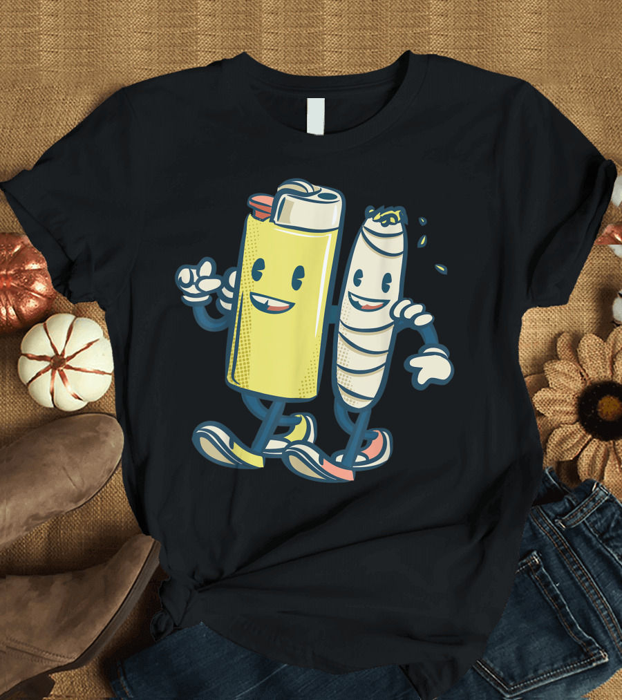 Lighter Joint Friends 420 Smoking Weed Cannabis Marijuana Cartoon Character Duo T-Shirt