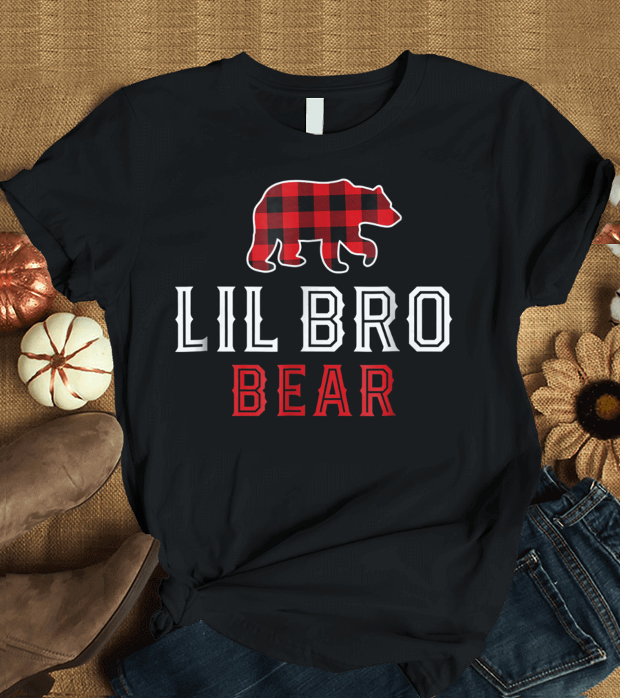 Lil Bro Bear Red Plaid Buffalo Check T-Shirt