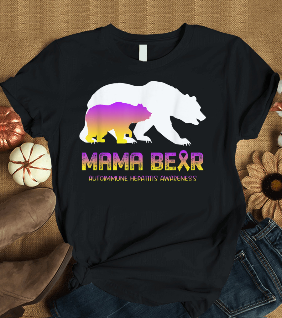 Mama Bear Autoimmune Hepatitis Awareness Ribbon Gradient Bear T-Shirt