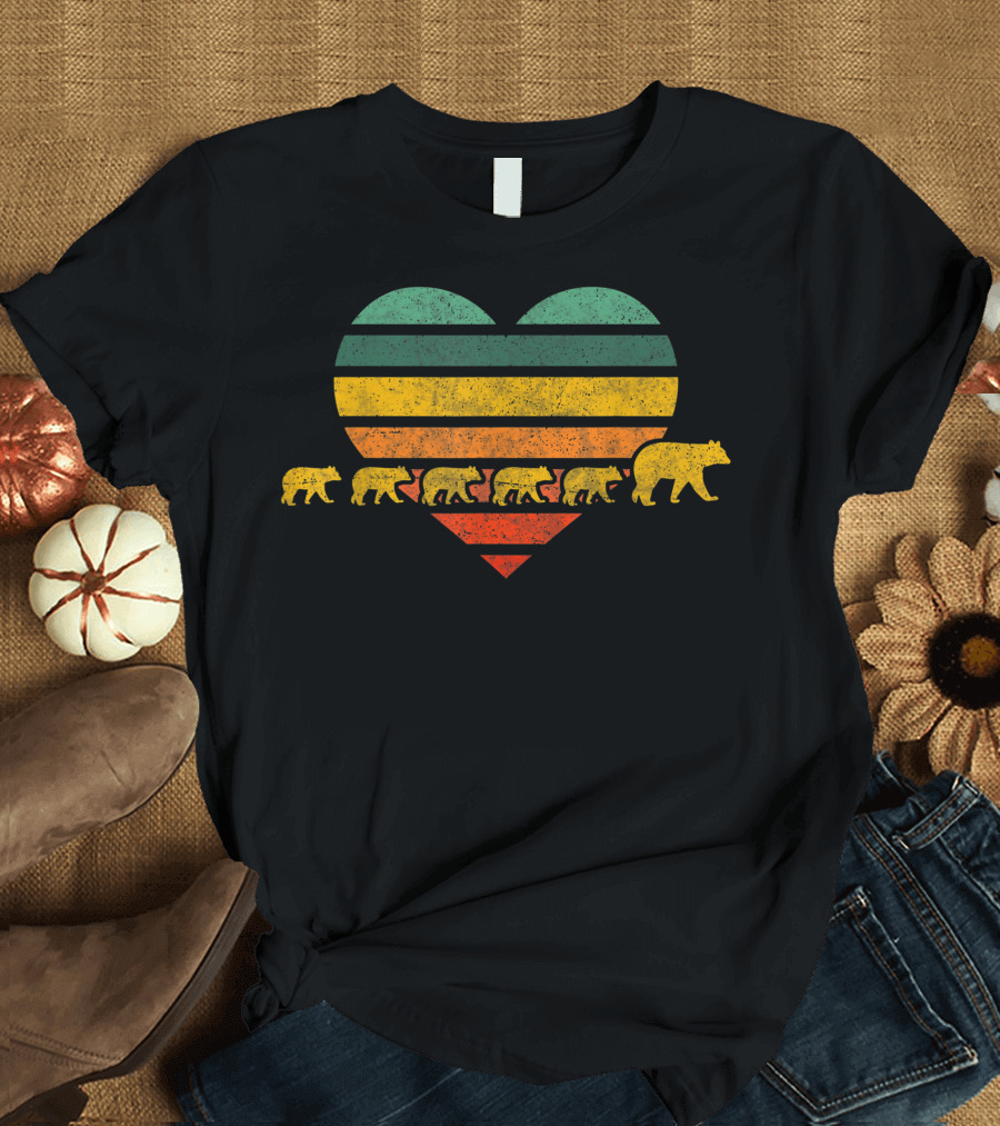 Mama Bear and Five Cubs Retro Heart T-Shirt