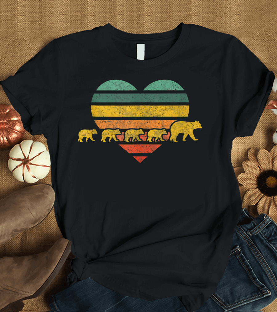 Mama Bear Four Cubs Heart Retro Stripes T-Shirt