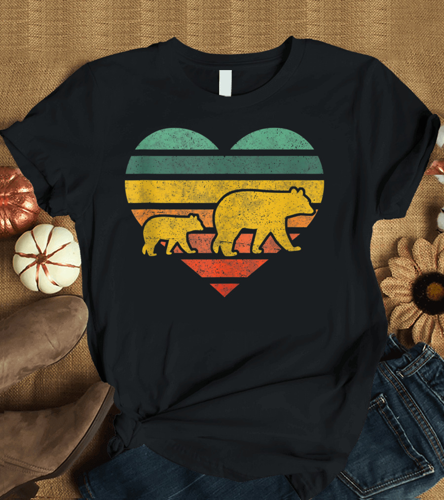 Mama Bear One Cub Retro Heart T-Shirt
