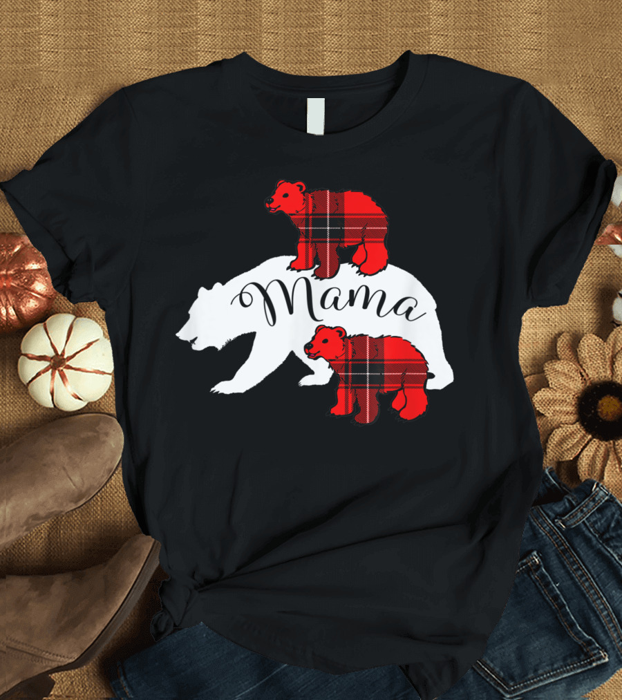 Mama Bear with Two Red Buffalo Plaid Cubs T-Shirt