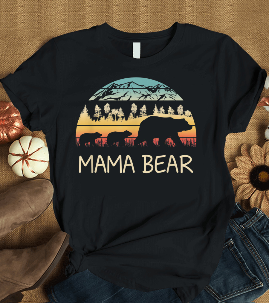 Mama Bear with Cubs in Mountain Sunset Landscape T-Shirt