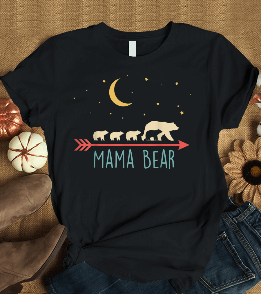 Mama Bear Night Sky with Crescent Moon and Four Cubs on Arrow T-Shirt