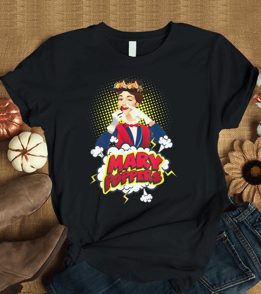 Mary Poppers Winking Floral Hat Comic Clouds T-Shirt