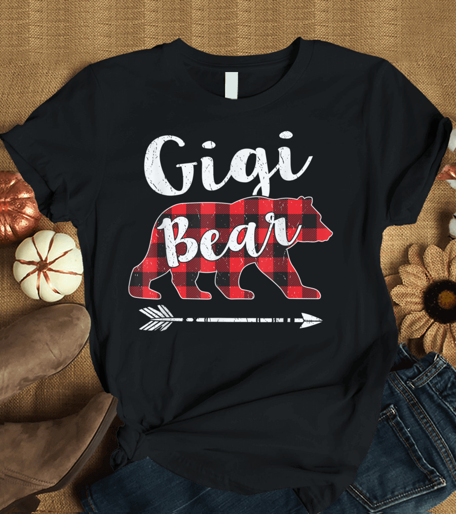 Plaid Gigi Bear Christmas Matching Family Arrow T-Shirt
