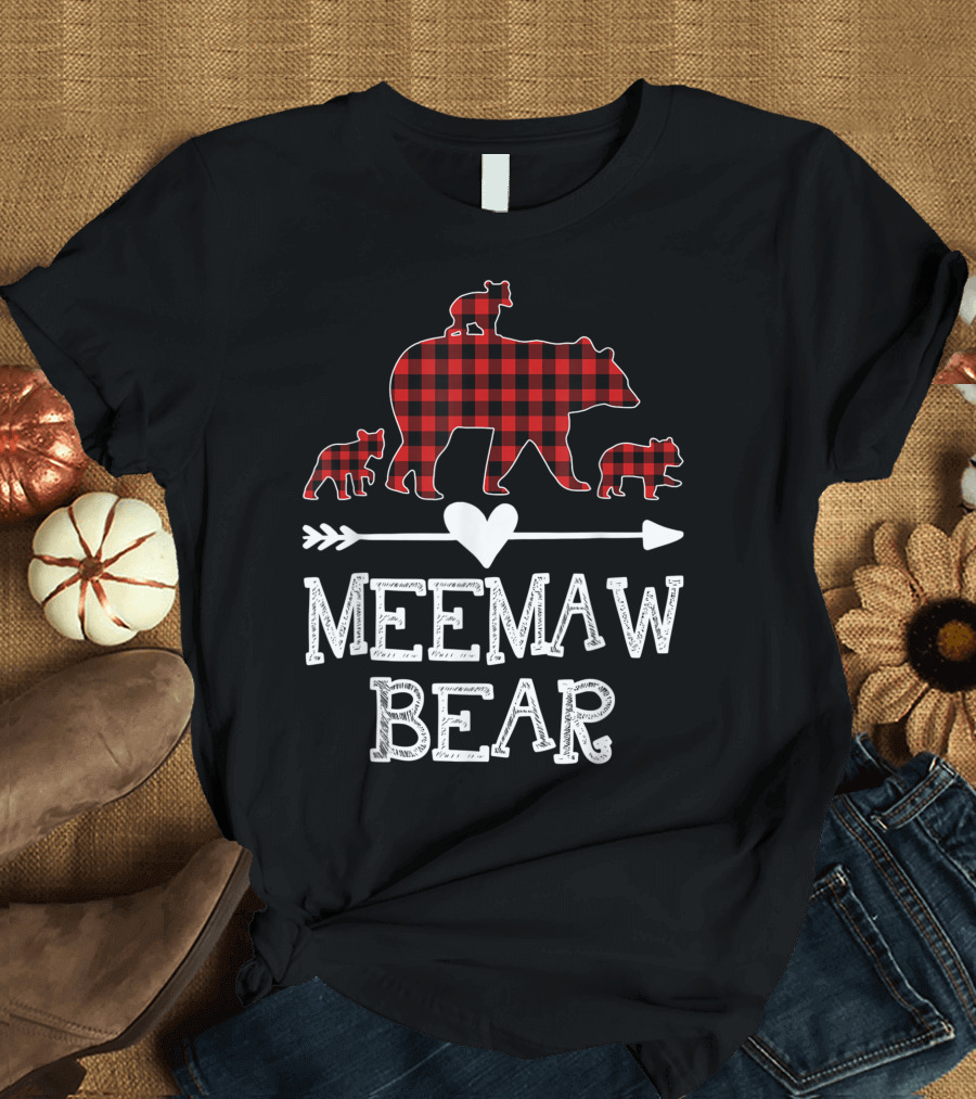Meemaw Bear Red Plaid with Three Cubs and Heart Arrow T-Shirt