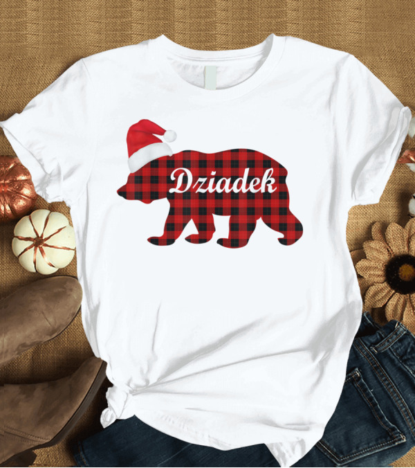 T-Shirt: Dziadek Christmas Plaid Bear with Santa Hat T-Shirt Dziadek Christmas Plaid Bear with Santa Hat T-Shirt