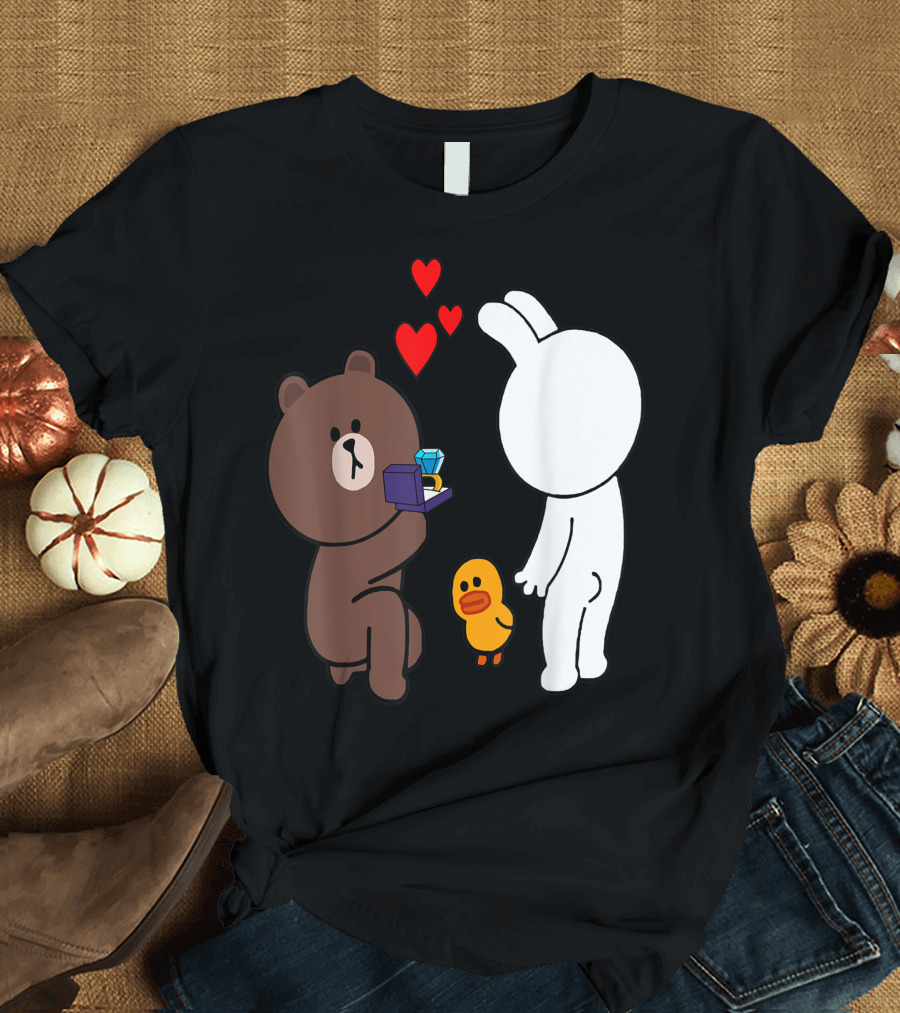 Brown Bear Cony Bunny Rabbit Engagement Ring Proposal with Hearts and Duck T-Shirt
