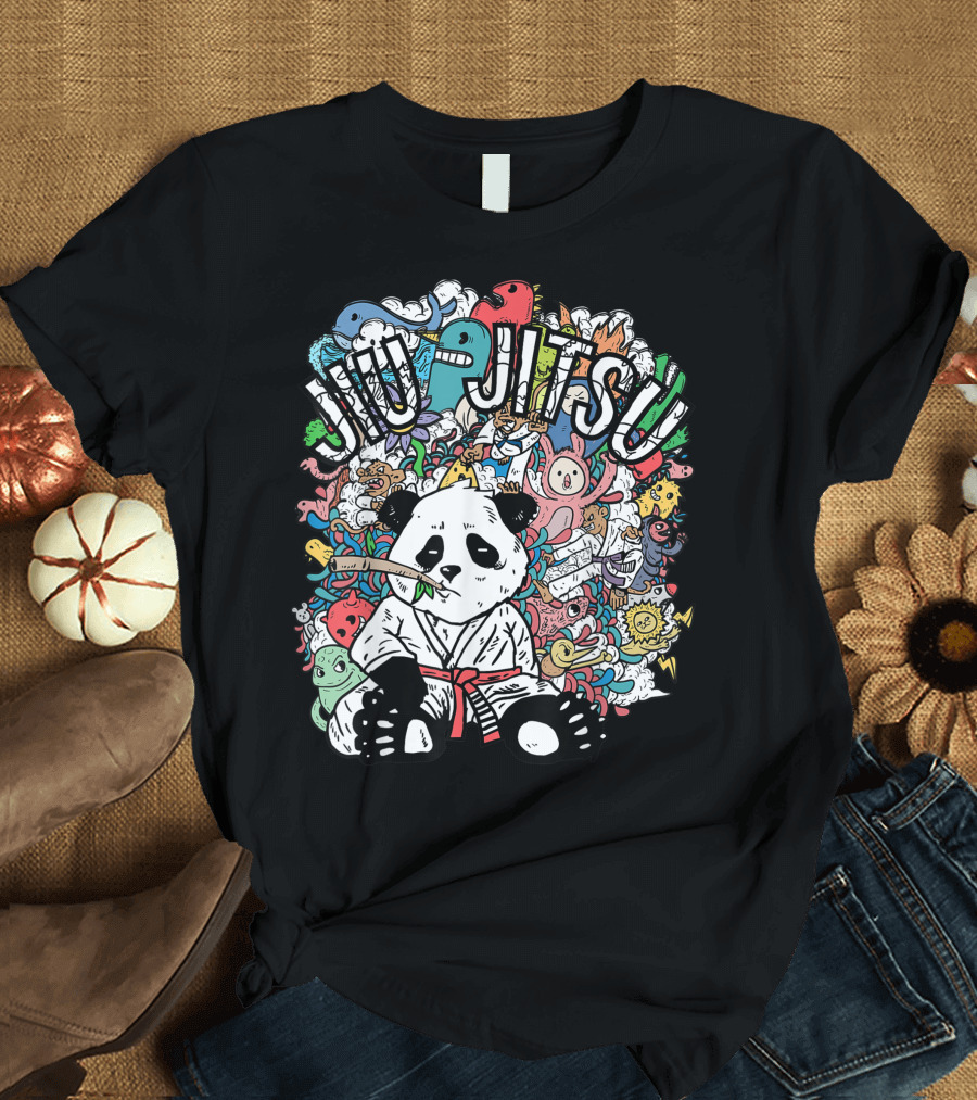 Jiu Jitsu Panda Surrounded by Colorful Cartoon Characters T-Shirt