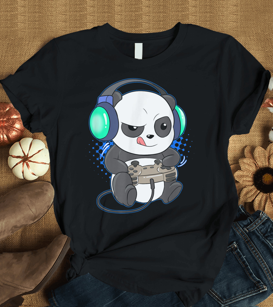 Mens Cute Gaming Panda Headphones Controller Video Game Player T-Shirt