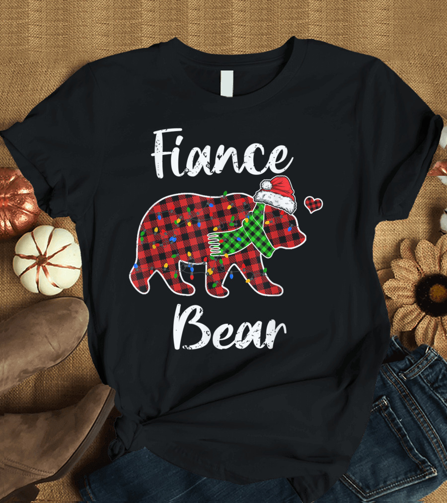 Fiance Bear Red Plaid Christmas Lights Santa Hat Scarf T-Shirt