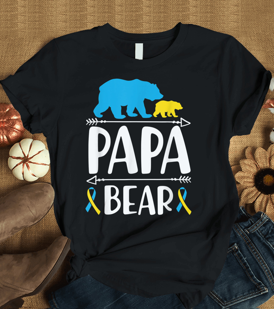 Papa Bear Down Syndrome Awareness Proud Dad Blue Yellow Ribbons T-Shirt
