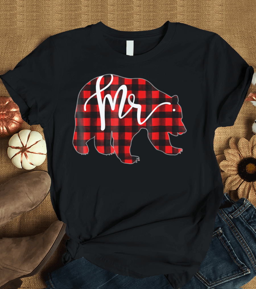 Mens Red Plaid Mr Bear Newlywed Married Matching T-Shirt