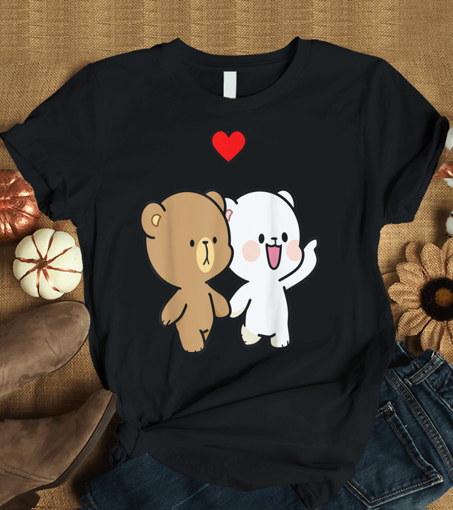 Milk Mocha Bear Walking In Love Valentines Heart Duo T-Shirt