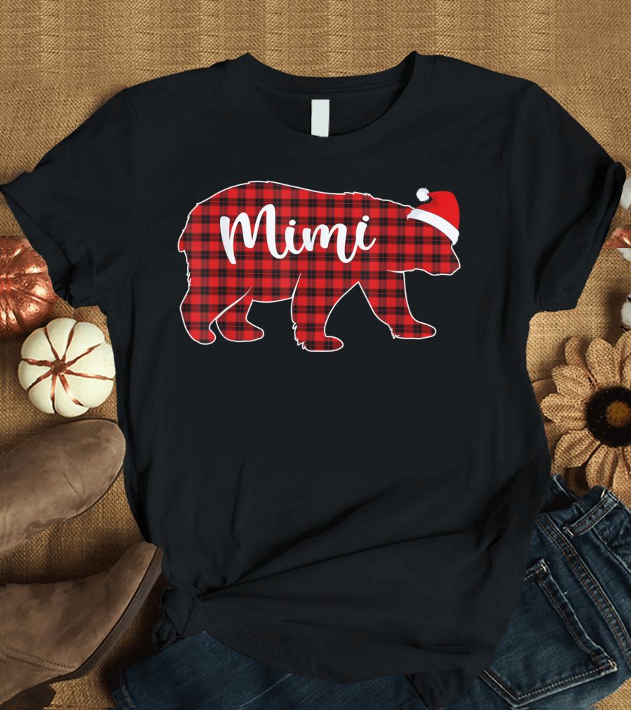Mimi Bear Red Plaid Christmas Santa Hat Family T-Shirt