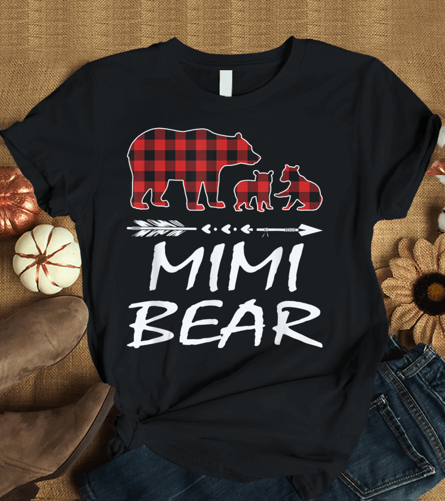 Mimi Bear Two Cubs Red Plaid Arrow T-Shirt