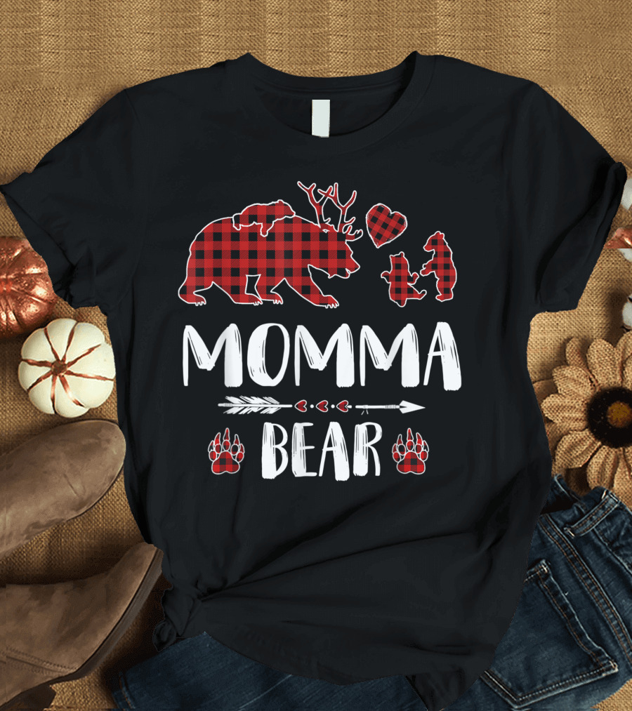 Momma Bear Red Plaid Buffalo Family Christmas Reindeer Antlers Heart Arrow Paws T-Shirt