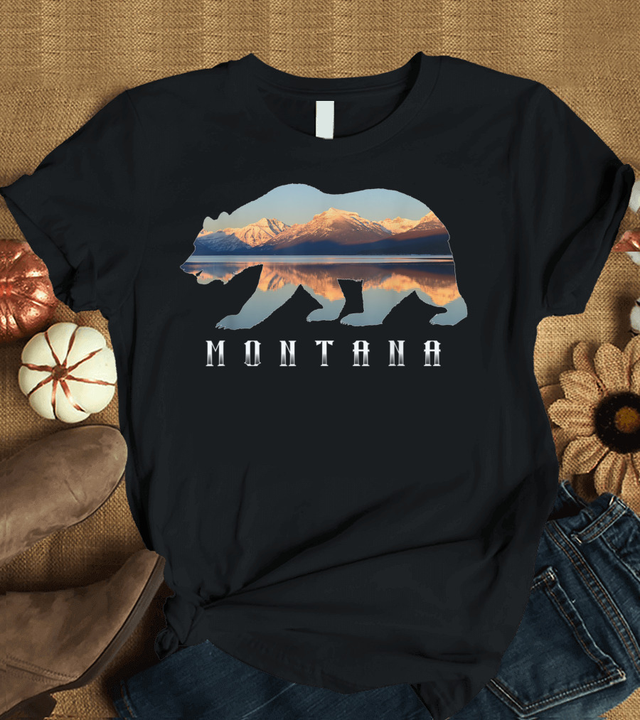 Montana Bear Silhouette with Glacier National Park Lake and Mountain Reflection T-Shirt