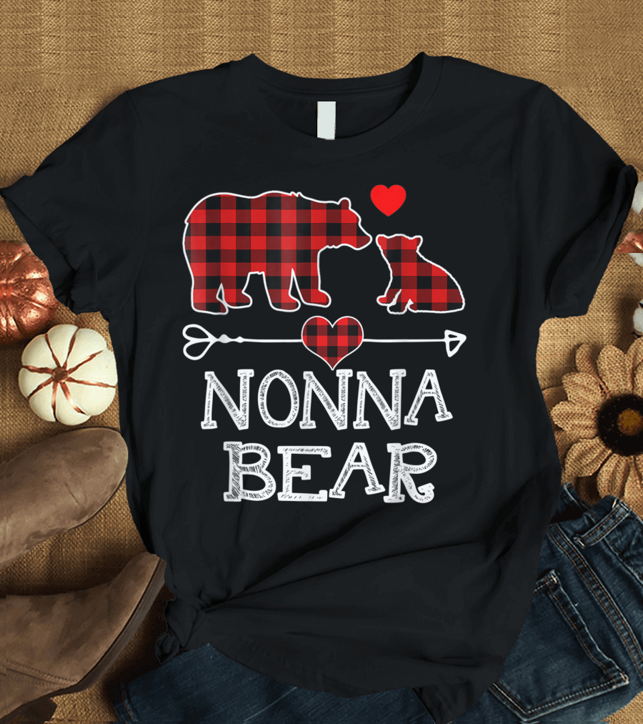 Nonna Bear Red Plaid Heart Buffalo Check Family Christmas T-Shirt