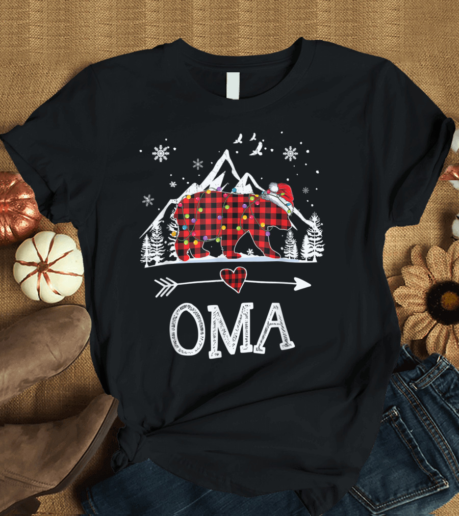 Oma Bear Christmas Red Plaid Buffalo Family with Snowflakes and Mountains T-Shirt