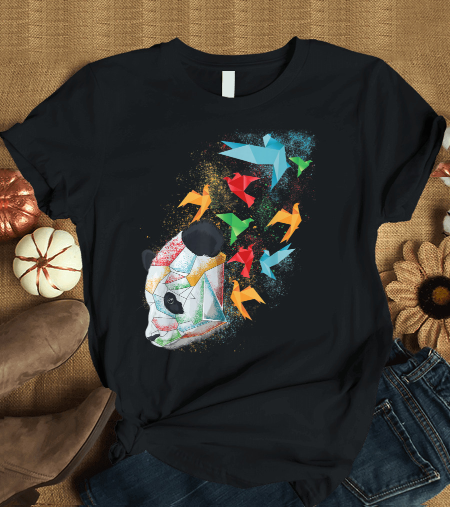 Panda Bear with Colorful Origami Birds Flying in Folded Paper T-Shirt