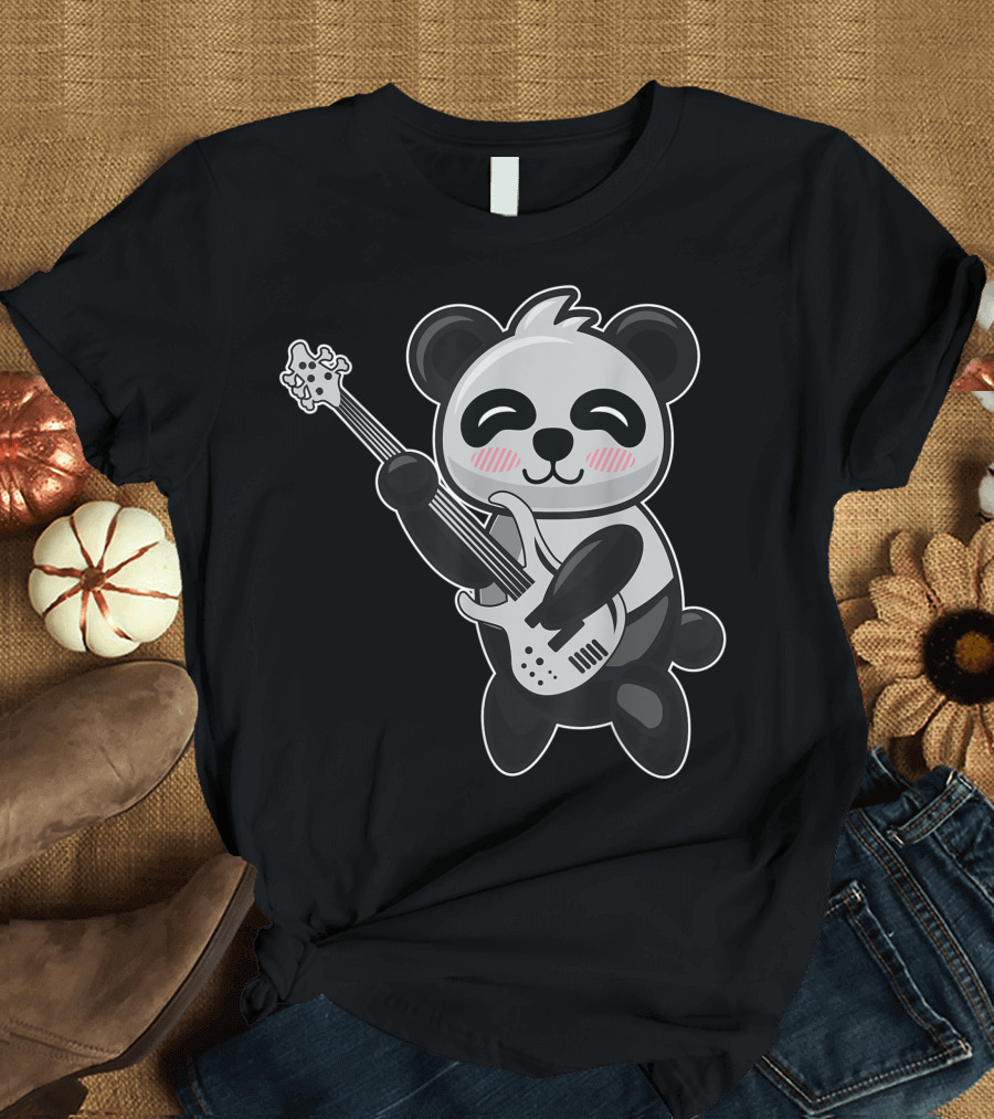 Panda Bear Playing Bass Guitar Double Bass Cute Cartoon Musical Panda T-Shirt