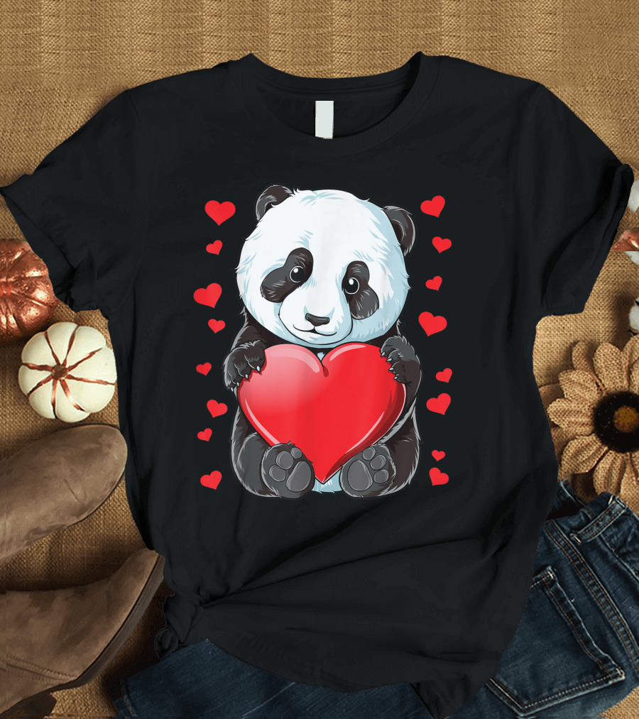 Panda Heart Valentines Day Girls Kids Women Bear Lover Cute Red Hearts T-Shirt