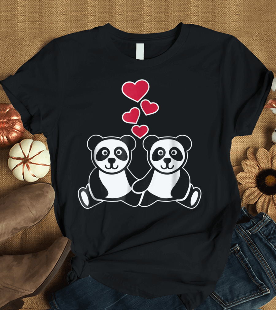 Pandas in Love with Red Hearts T-Shirt