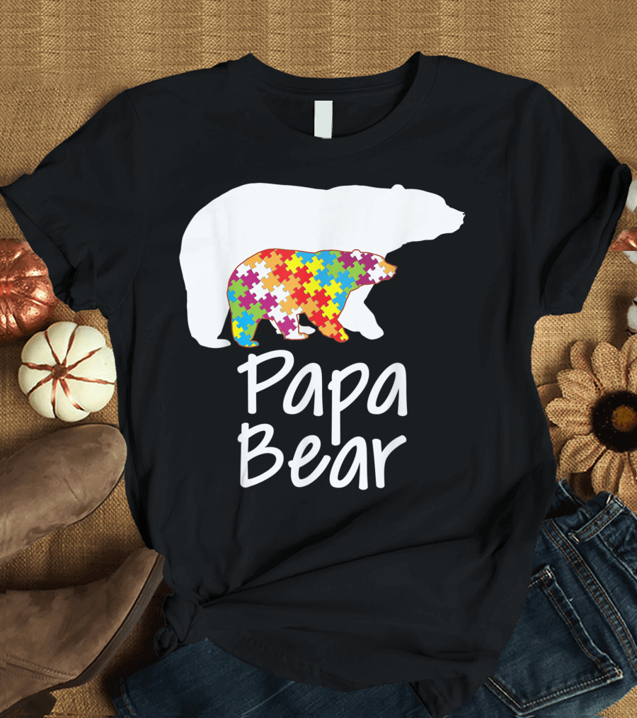 Papa Bear Autism Awareness Rainbow Puzzle T-Shirt