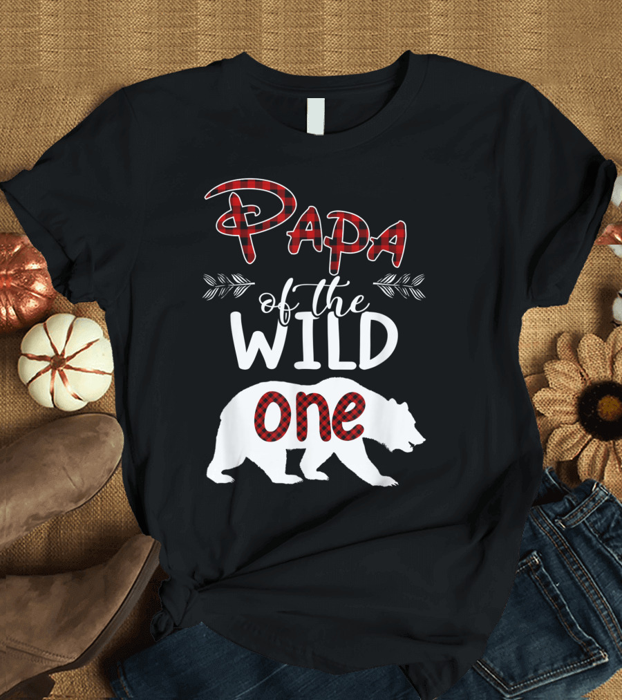 Papa Bear of the Wild One Birthday Plaid Bear T-Shirt